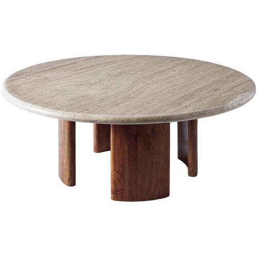 Orien 39" Round Travertine Top Coffee Table, Brown