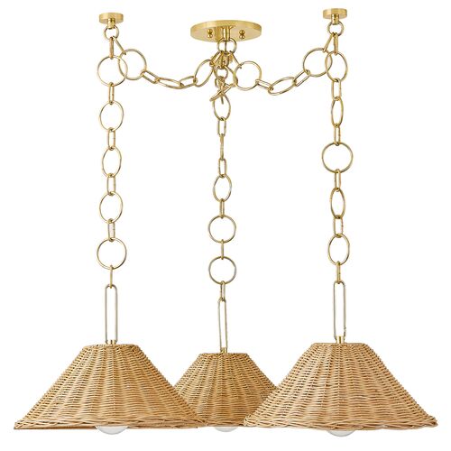 Emely 3-Light Wicker Chandelier, Natural/Aged Brass