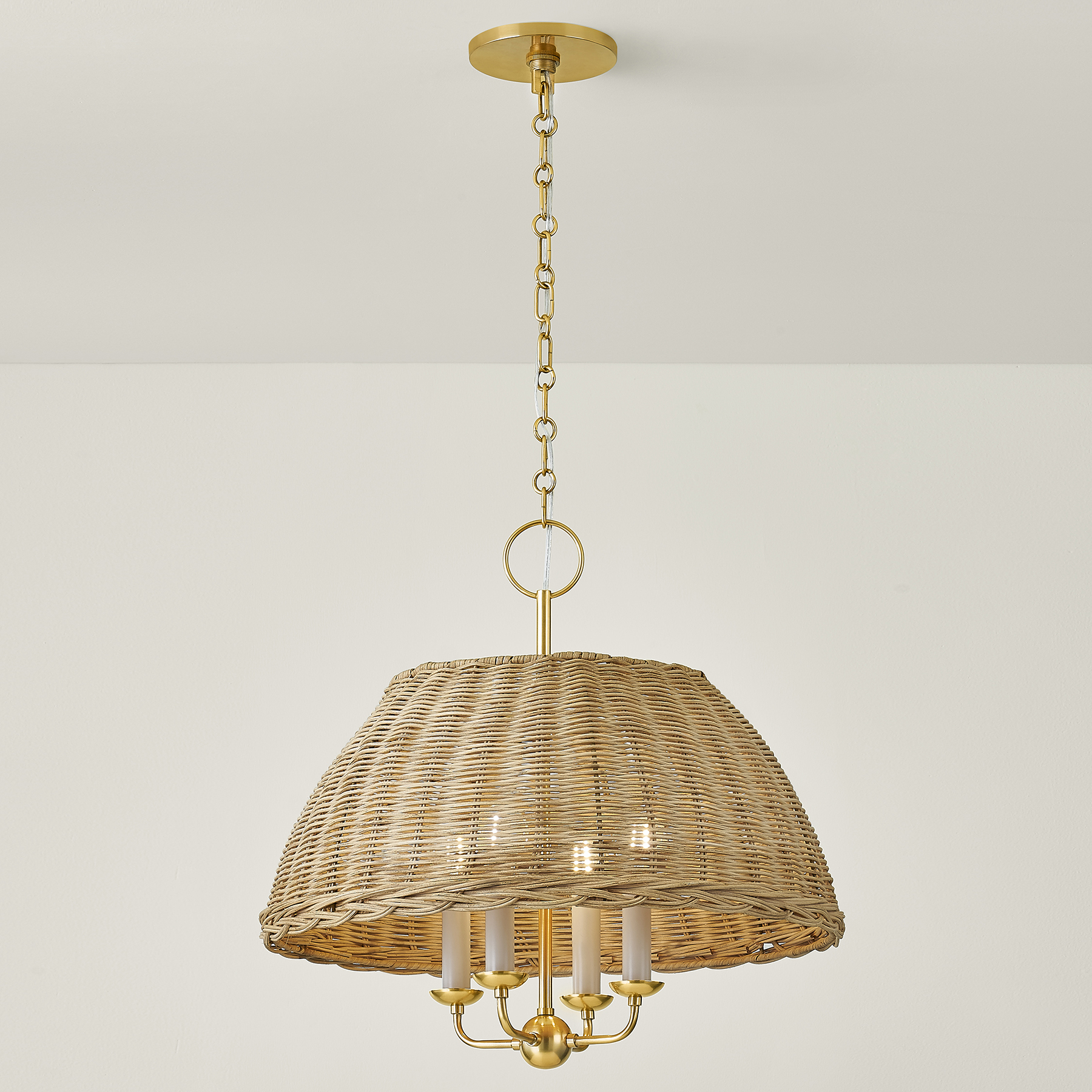 Emely Rattan Dome Chandelier, Natural/Aged Brass