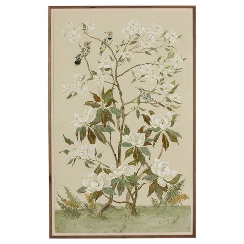 Tan Chinoiserie Painting by Laurel-Dawn Latshaw, Rustic Walnut Frame Tan Chinoiserie Painting by Laurel-Dawn Latshaw, Rustic Walnut Frame