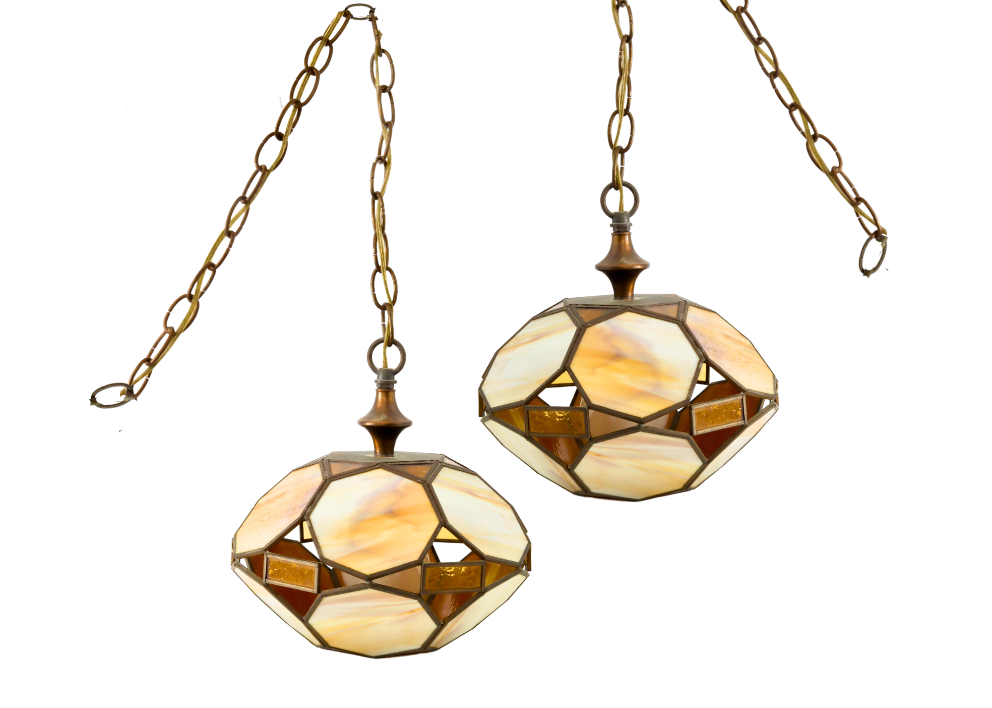 1970s Leaded Glass Pendant Lamps, Pair~P77674695