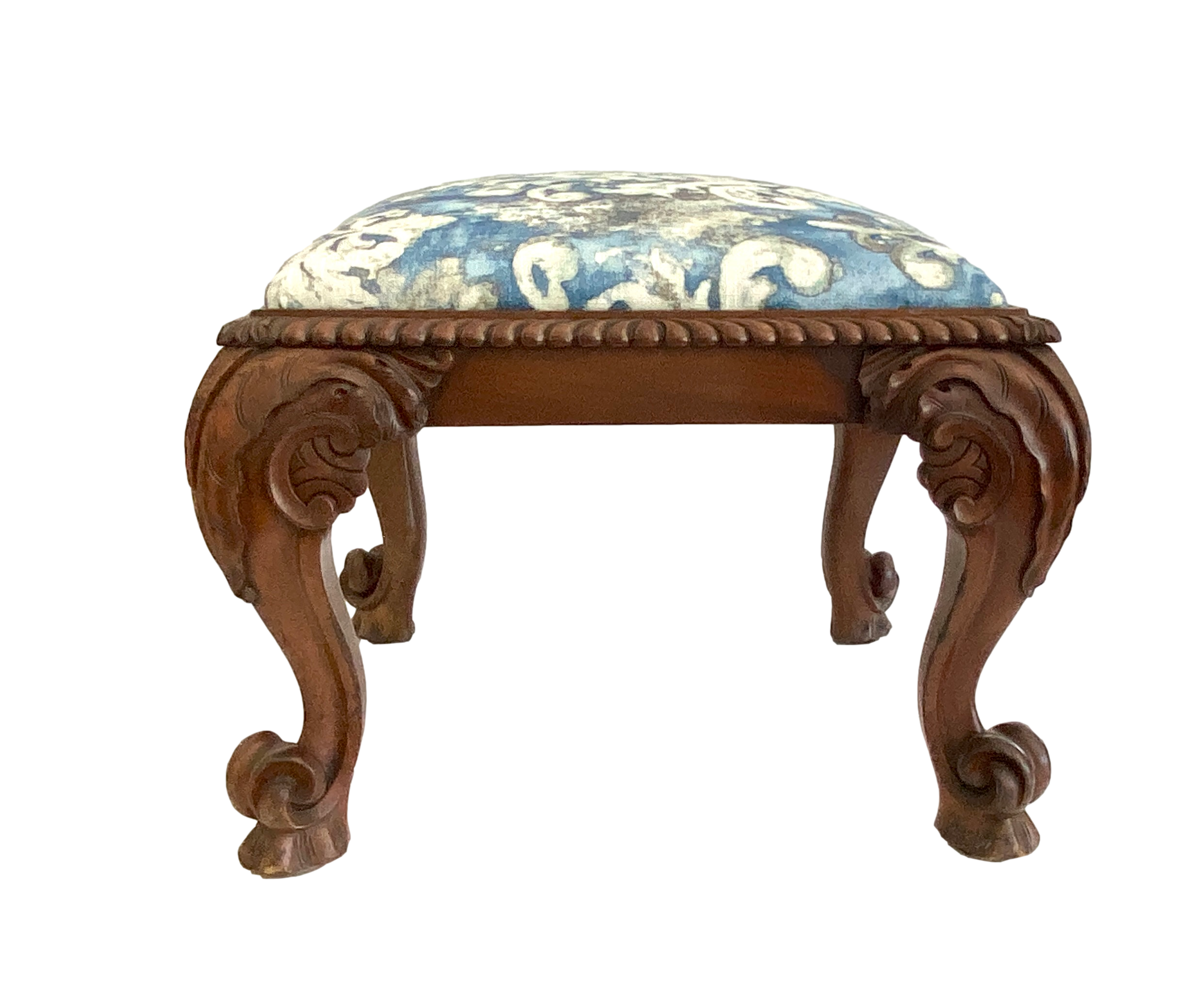 Carved Walnut and Linen Ottoman~P77702121