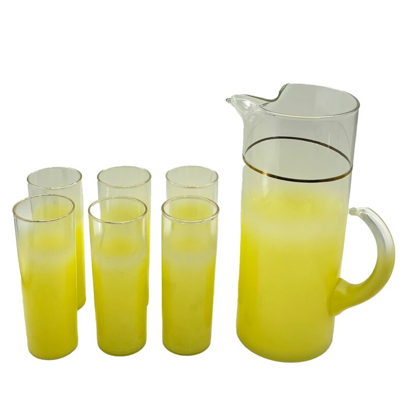 1960s Frosted Yellow Drinks Set, S/7