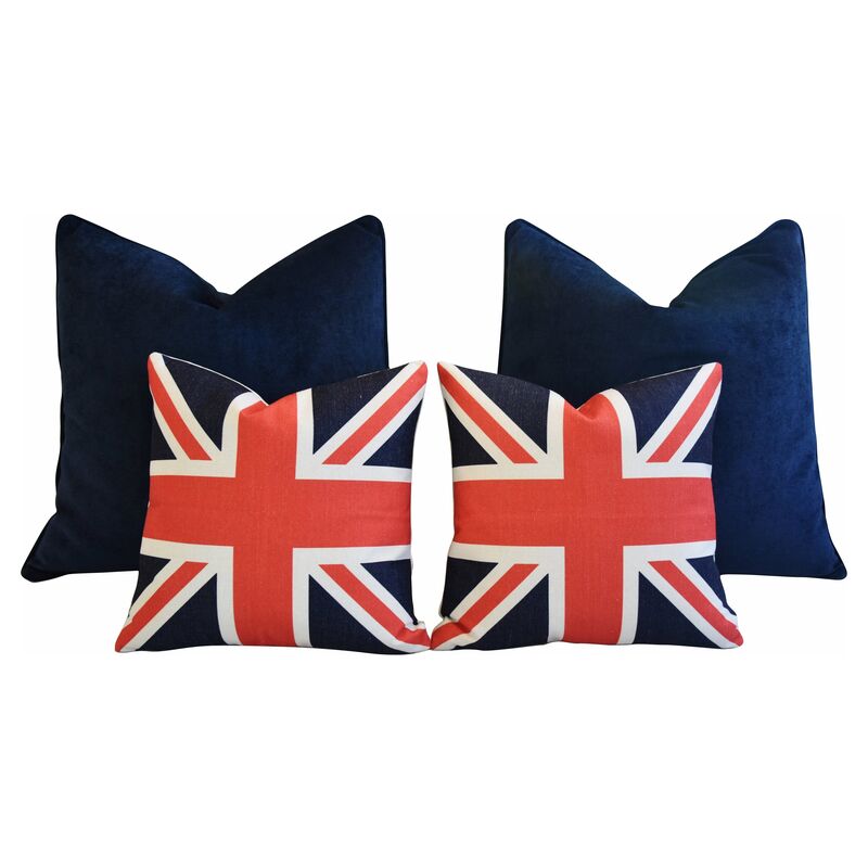Blue Velvet & Union Jack Pillows, S/4