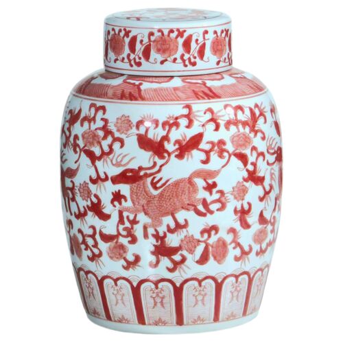 15 Inch Ginger Jar with Deer Design, Red