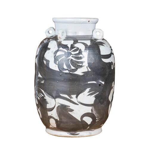 16" Four Loop Handle Jar Twisted Flower Motif, Black