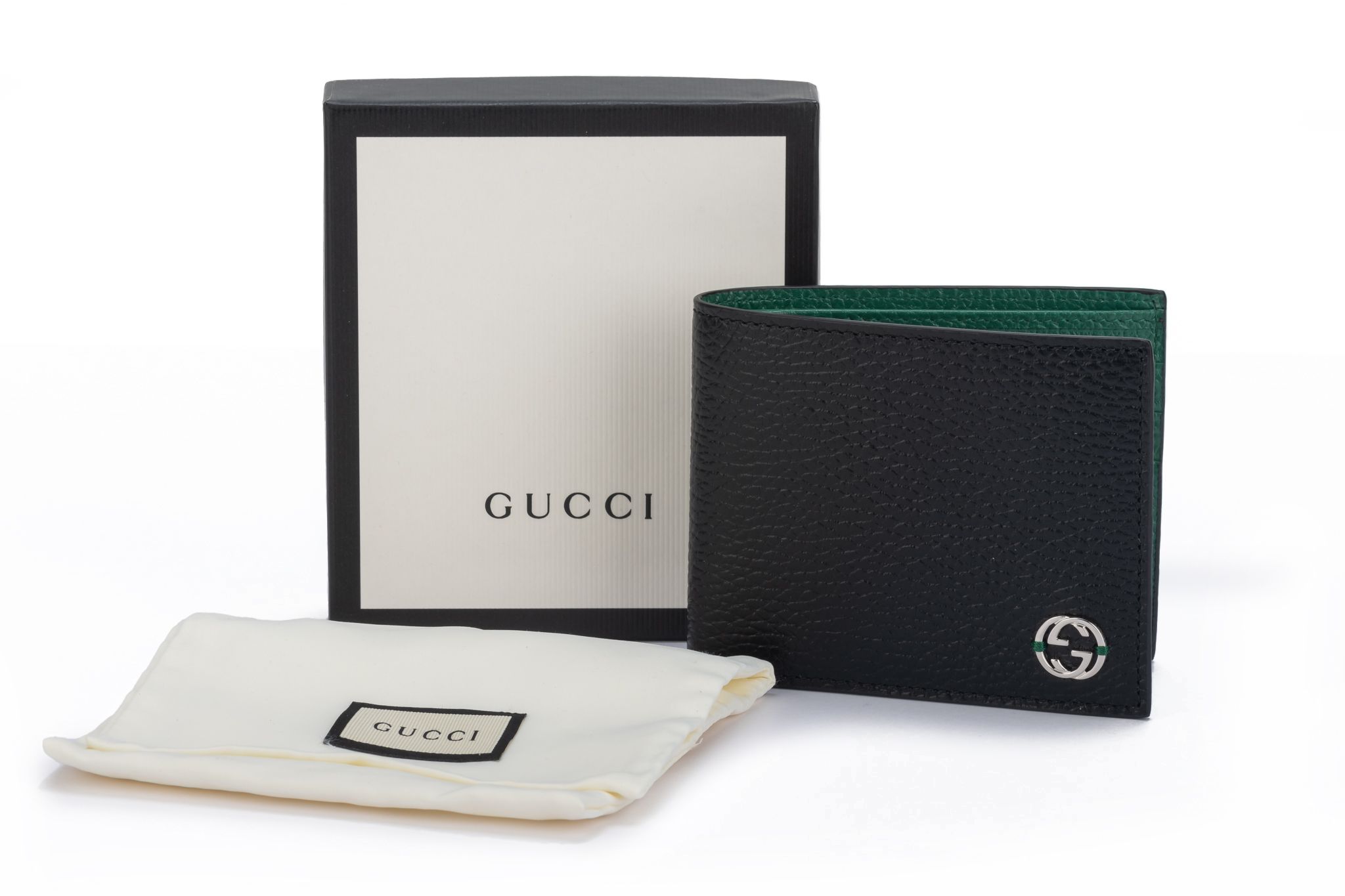 Gucci NIB Black Green Bifold Wallet~P77654498