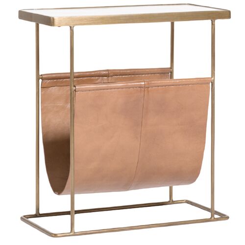 Lillian Accent Table, Leather/Antique Brass