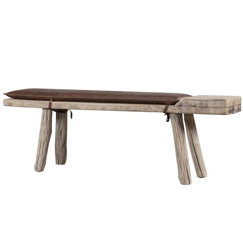 Vintage Live Edge Bench with Leather Cushion (5'-6'L), Natural