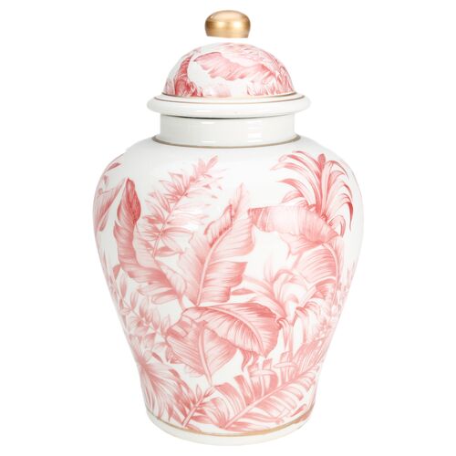 10in Tropical Leaf Ginger Jar, Pink