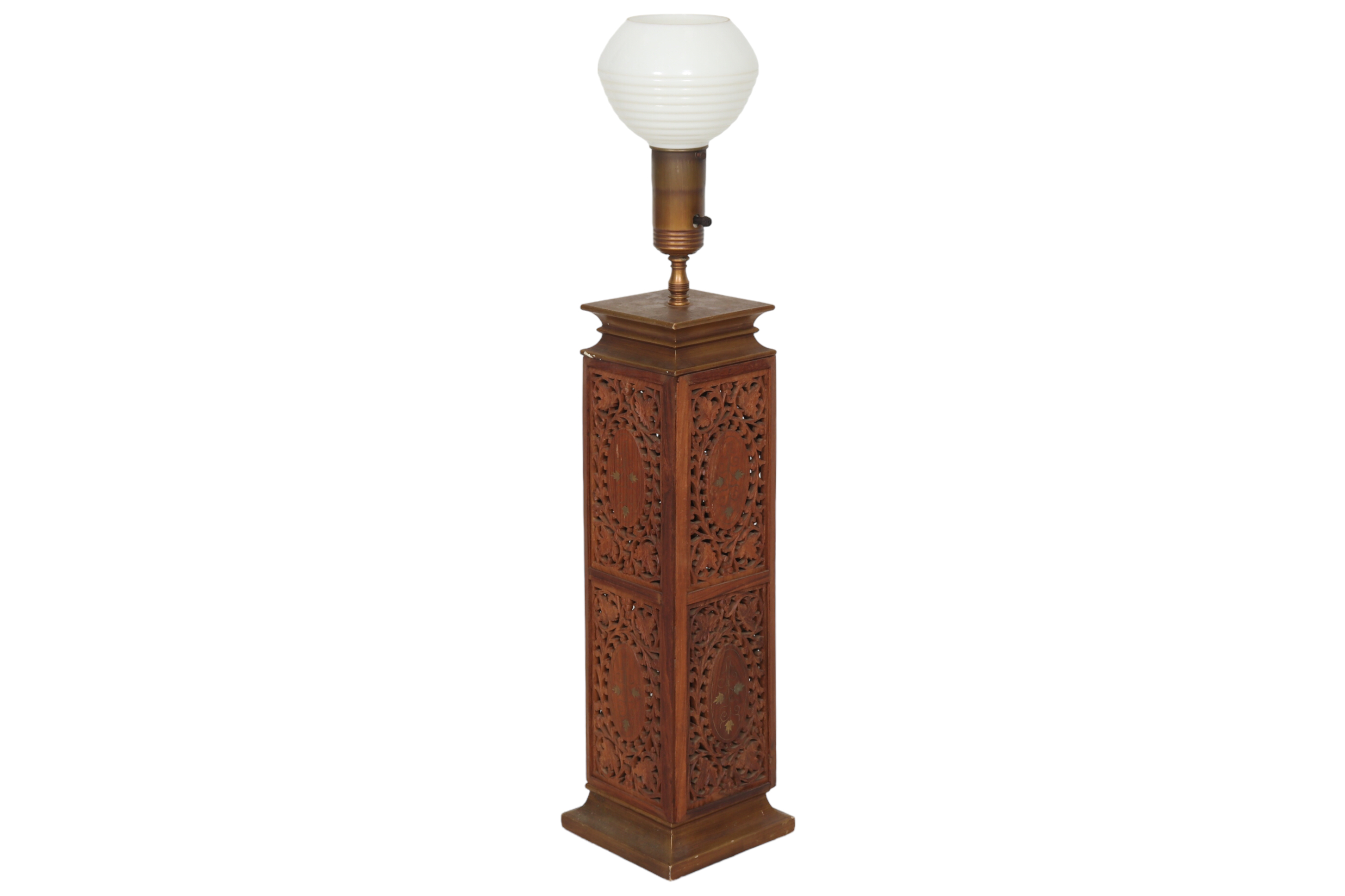 Indian Brass Inlaid Carved Wooden Lamp~P77671957