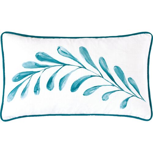 Azalea 13x22 Hand-painted Lumbar Pillow, White/Blue