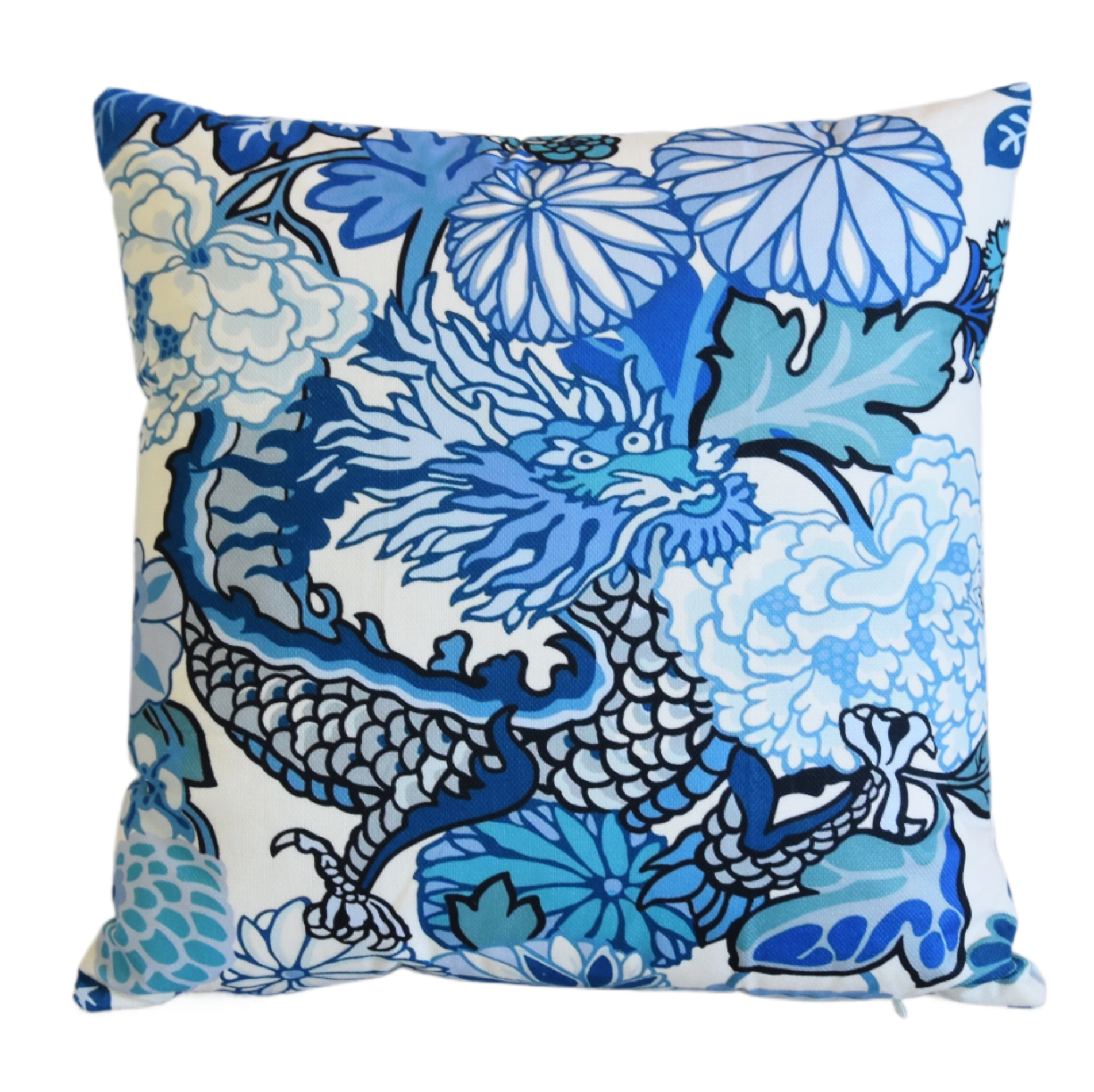 Chinoiserie Blue Dragon & Floral Pillow~P77694199
