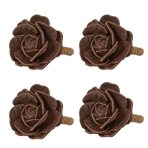 S/4 Camellia Jute Leather Napkin Rings, Brown