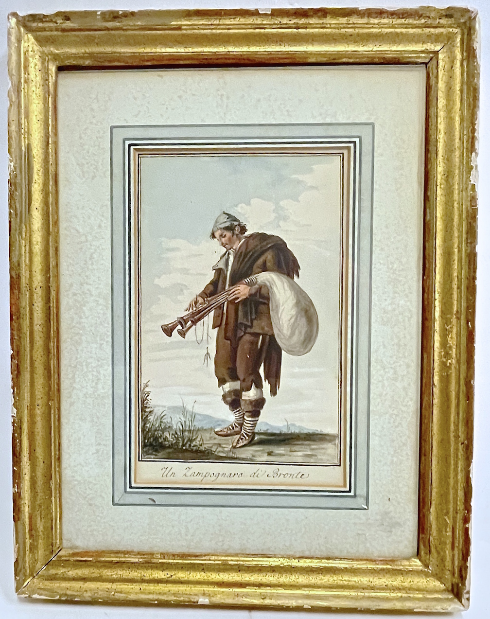 18th C Italian Watercolor Of A Bagpiper~P77625006
