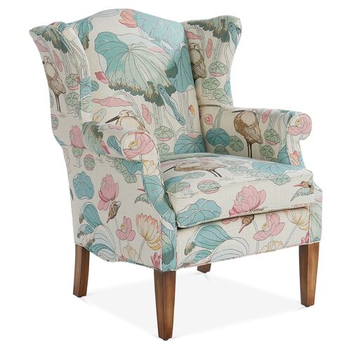 Bradford Wingback Chair, Aqua/Pink Linen~P77462744