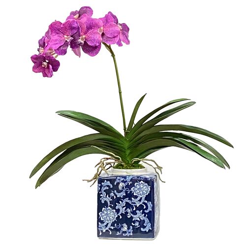 Faux Vanda Orchid In Square Porcelain Pot, French Purple/Blue