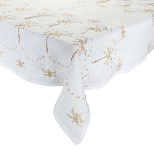 Embroidered Palm Tablecloth, White, Natural & Gold Embroidered Palm Tablecloth, White, Natural & Gold