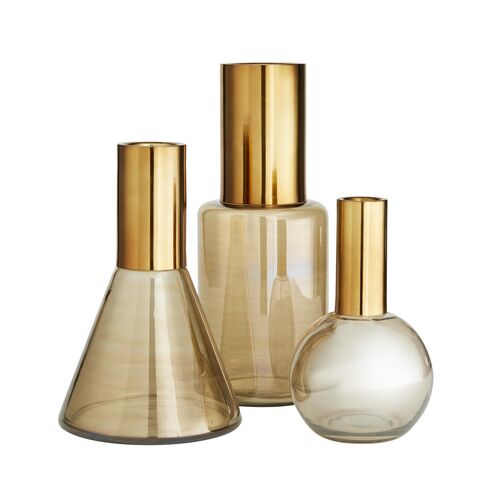 S/3 Union Glass/Brass Vases, Brown