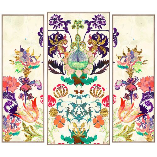 Royal Chinoiserie 42" x 38" Triptych Painting, Cream Royal Chinoiserie 42" x 38" Triptych Painting, Cream