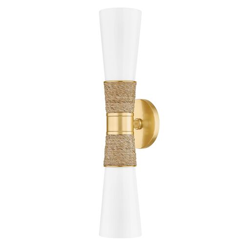 Mica 2-Light Wrapped Raffia Wall Sconce, Opal White/Aged Brass