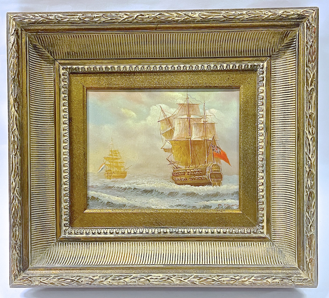 Ant. British & French Ships Oil Painting~P77622685