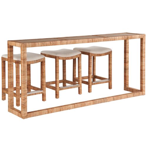 Coastal Living Key West Console Table w/ Stools, Natural Rattan