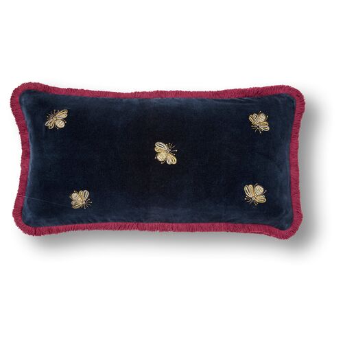 Embroidered bee fringe 20x10 pillow, Blue~P77585399
