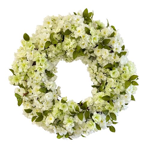 24" Cherry Blossom Wreath, White/Green