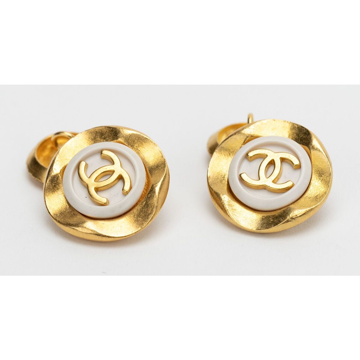 Chanel 80s Logo Gold White Cufflinks - Vintage Lux