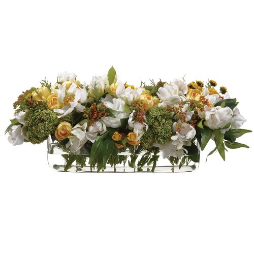 10" Peony/Tulip/Calendula Arrangement in Glass Vase, Faux