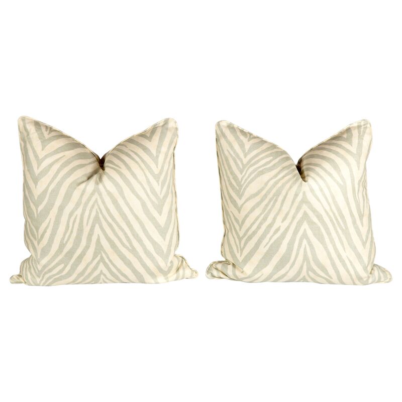 Seafoam Green Linen Zebra Pillows, Pr