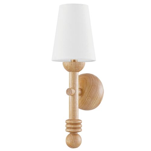 Iver Turned Wood Wall Sconce, Natural/White Linen