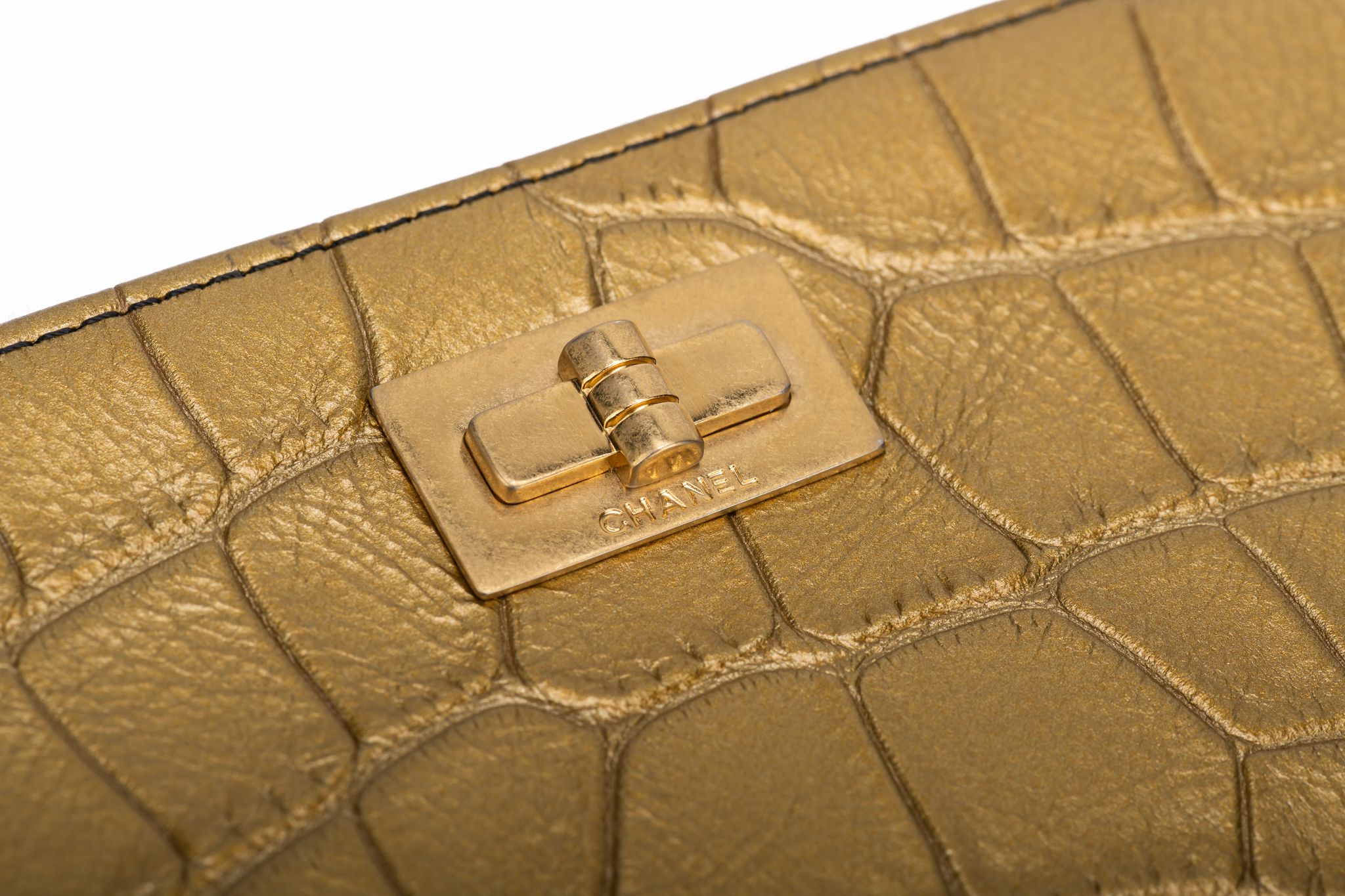 Chanel BNIB Black & Gold Croc Clutch - Vintage Lux