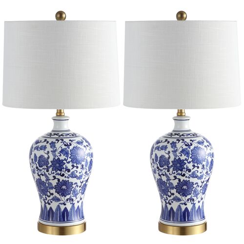 S/2 Emery Chinoiserie Table Lamps, Blue/White