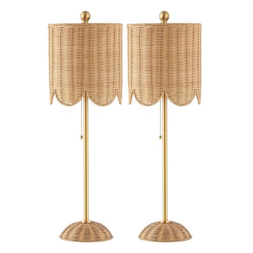 S/2 Quinie Rattan Table Lamps, Natural/Gold
