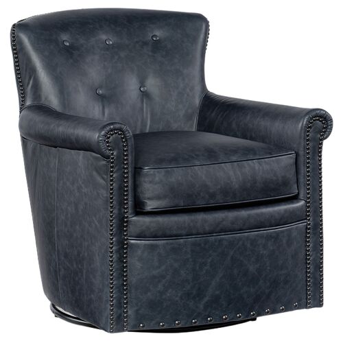 Swivel Leather Club Chair, Navy