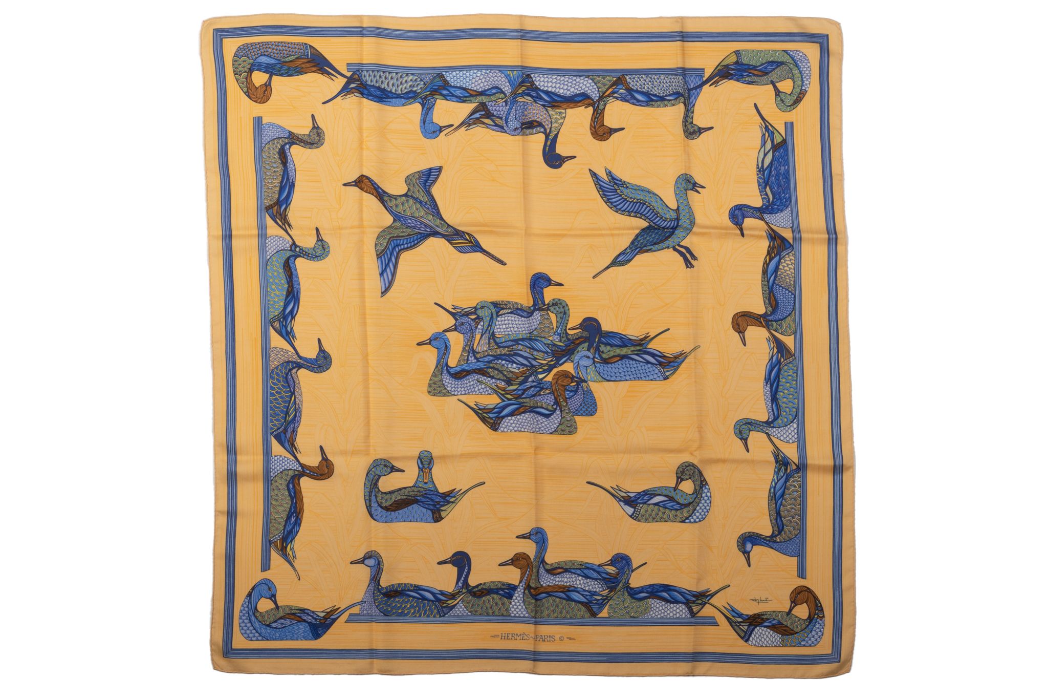 Hermes Apricot/Blue Ducks Silk Scarf~P77659050