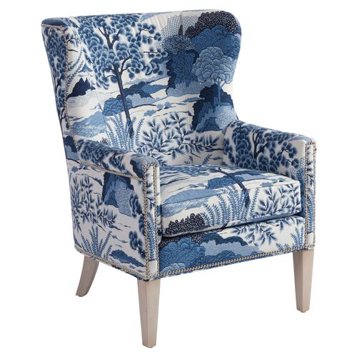 Avery Wingback Chair, Blue/White Linen~P77471762