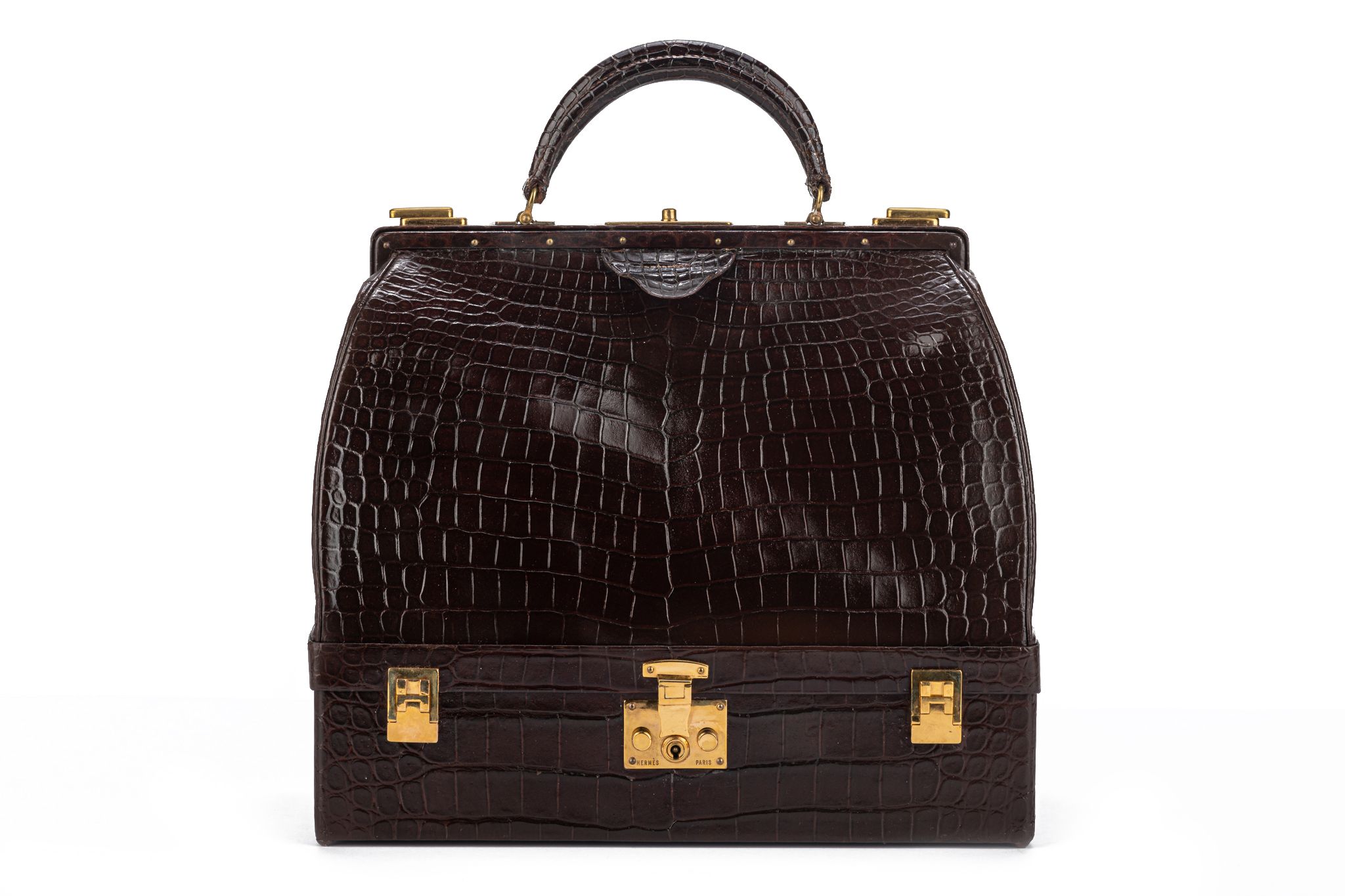 Hermes LG Vintage Brown Croc Doctor Bag~P77657017