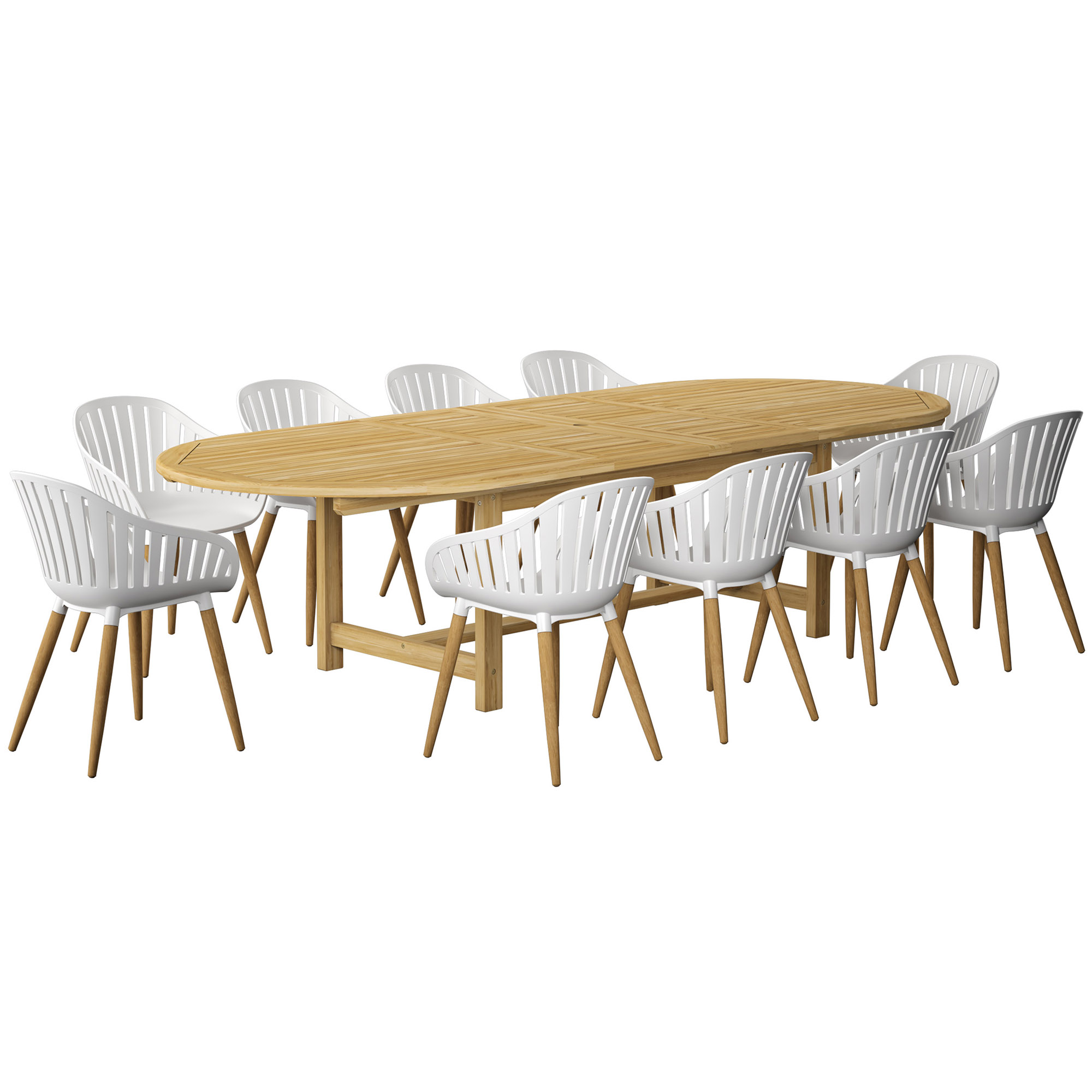 Cayana 11-Pc Oval Extension Outdoor Teak Dining Set, Natural/White