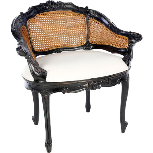Hermina Wicker-Back Vanity Chair, Black/White~P77654936