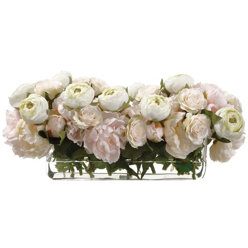 10" Peony/Ranunculus/Rose Arrangement in Glass Vase, Faux