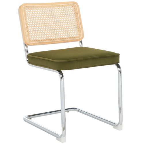 S/2 Kresten Rattan Velvet Dining Chairs, Olive/Natural S/2 Kresten Rattan Velvet Dining Chairs, Olive/Natural