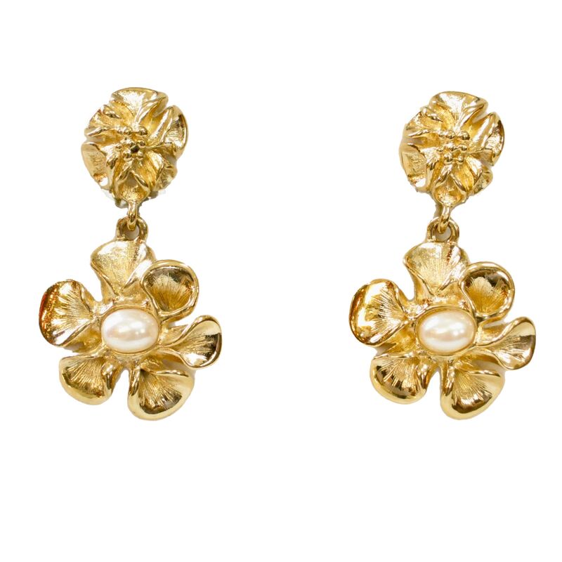 1980s Gold Carved Flower Dangle Earrings