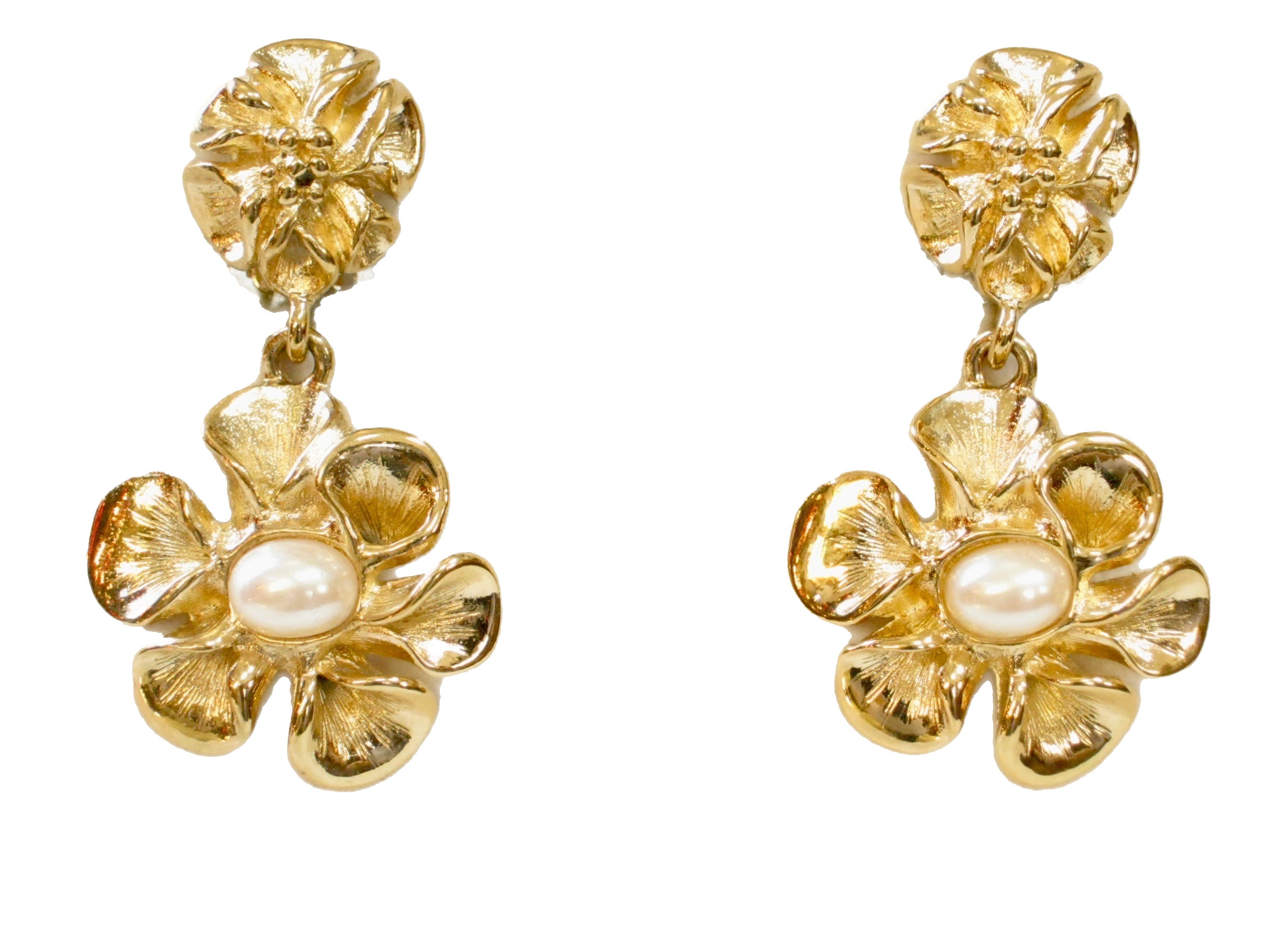 1980s Gold Carved Flower Dangle Earrings~P77615880