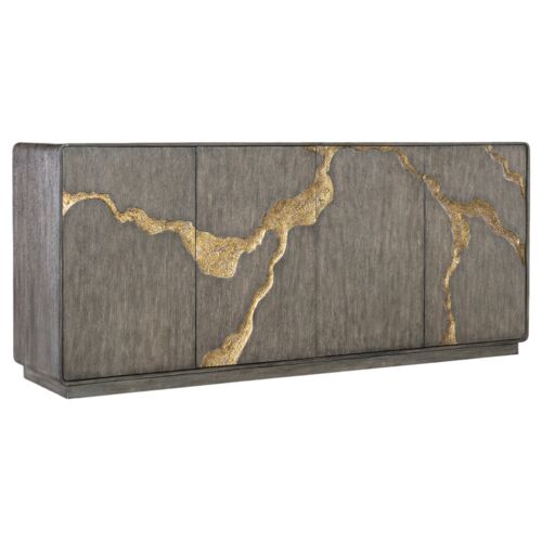 Melange Fissured 4-Door Entertainment Credenza, Dark Oak/Gold