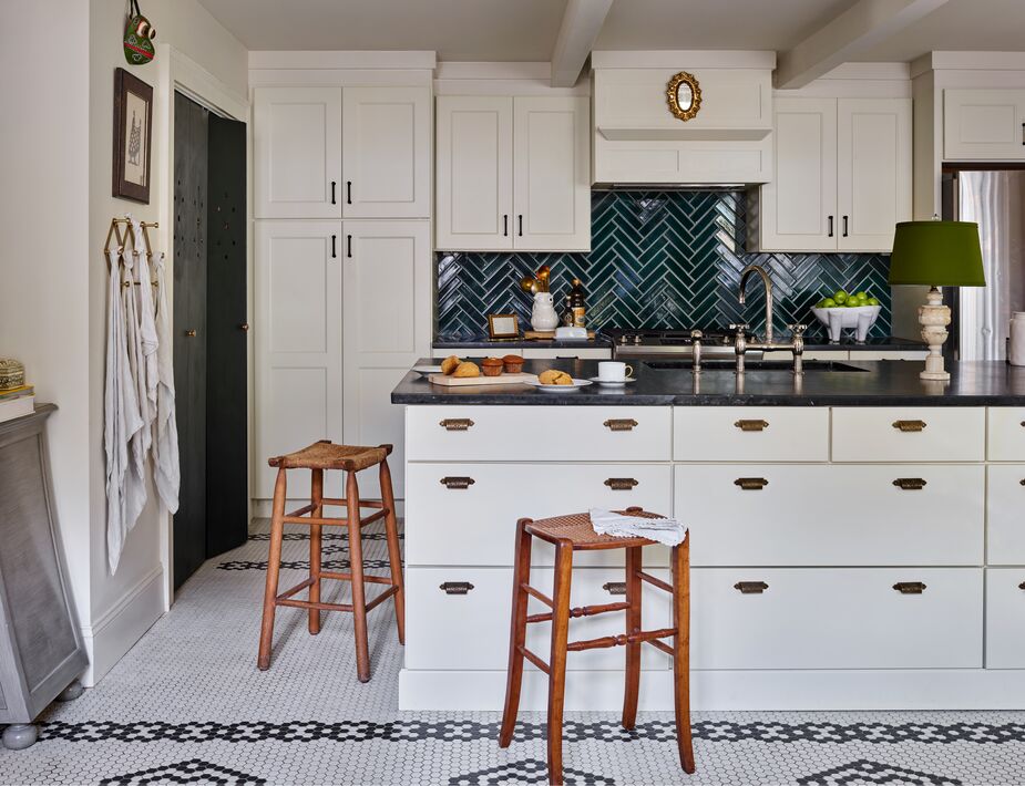 “I love the kitchen floor,” Cate enthuses. “It was a must-have for me. That kitchen has had three floors that I can remember prior to this one, starting with the original linoleum. I wanted something that hearkened back to the past even though it was new.”  
