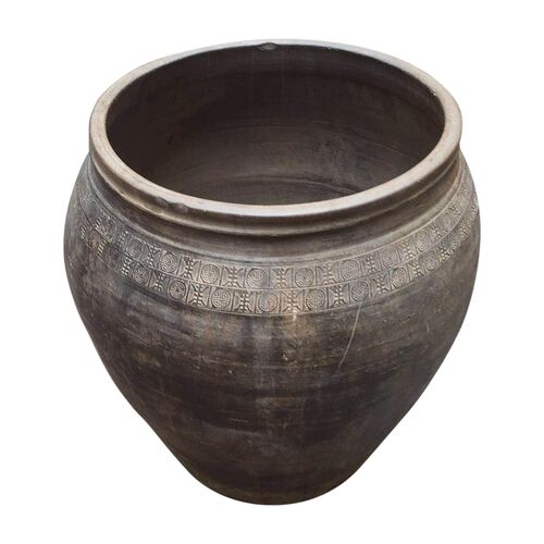 Vintage 17.3" Round Pottery Pot, Gray