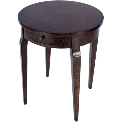 Amos 20" Round Burl 1-Drawer Side Table, Dark Natural Amos 20" Round Burl 1-Drawer Side Table, Dark Natural